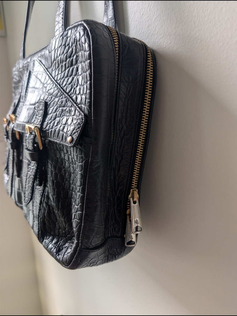 Lauren Ralph Lauren Black Embossed Croc Leather Double Zip Briefcase Tote Bag - Picture 5 of 8